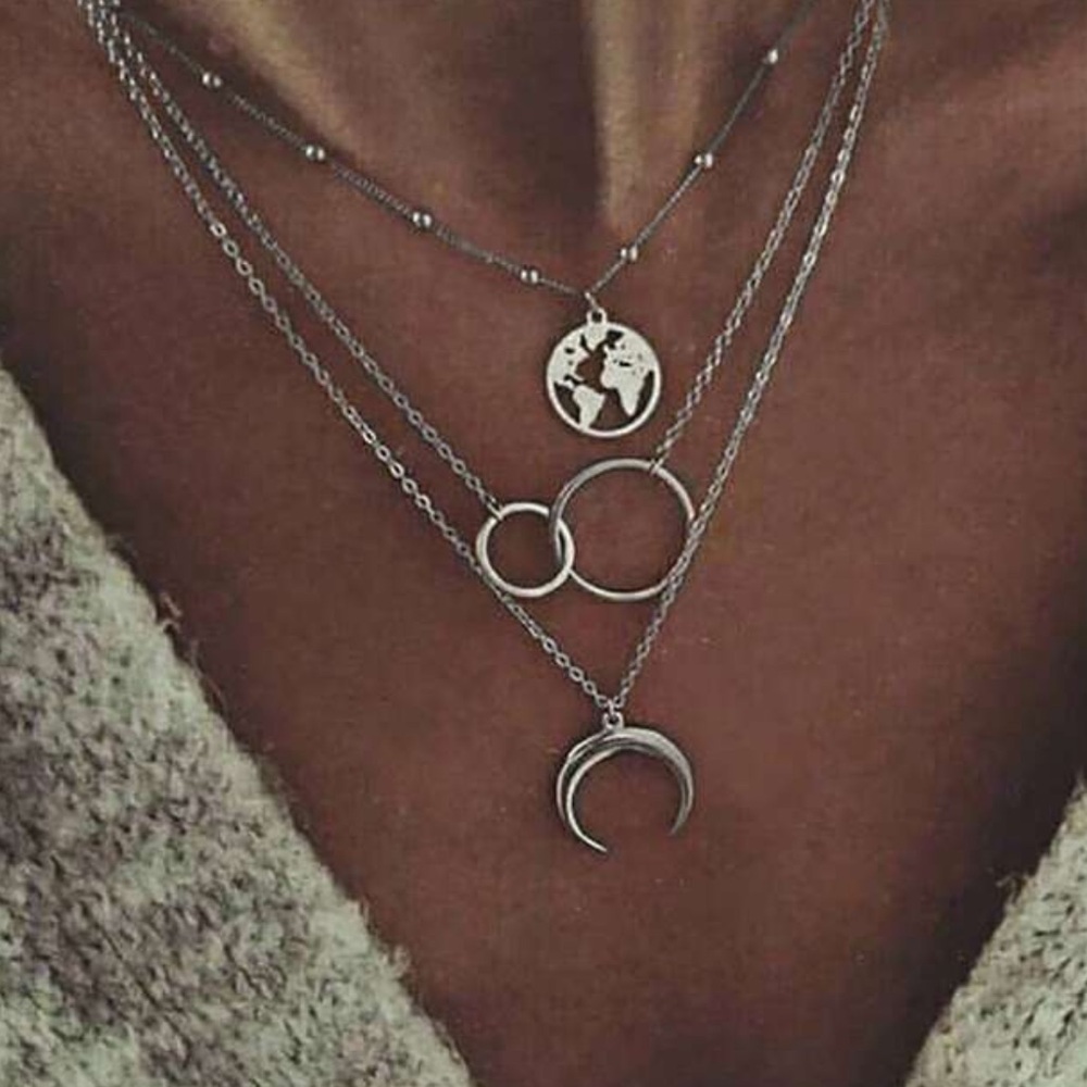 2/$10 NEW! Earth Moon Pendant Necklace Dainty Cute Multilayer Map Bohemian
